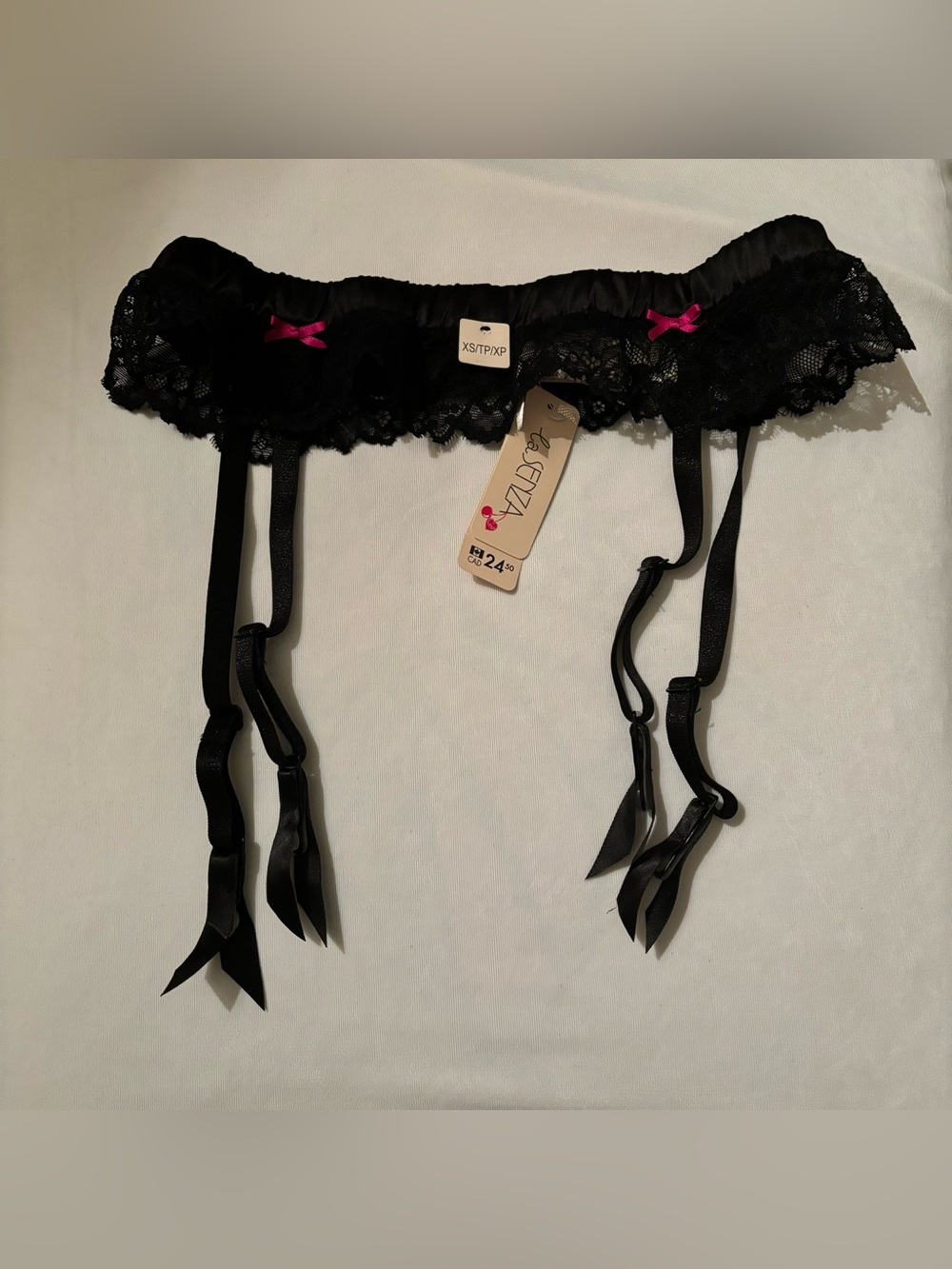 Victoria's Secret Black Lace Garter Belt with Pink Ribbon Accents